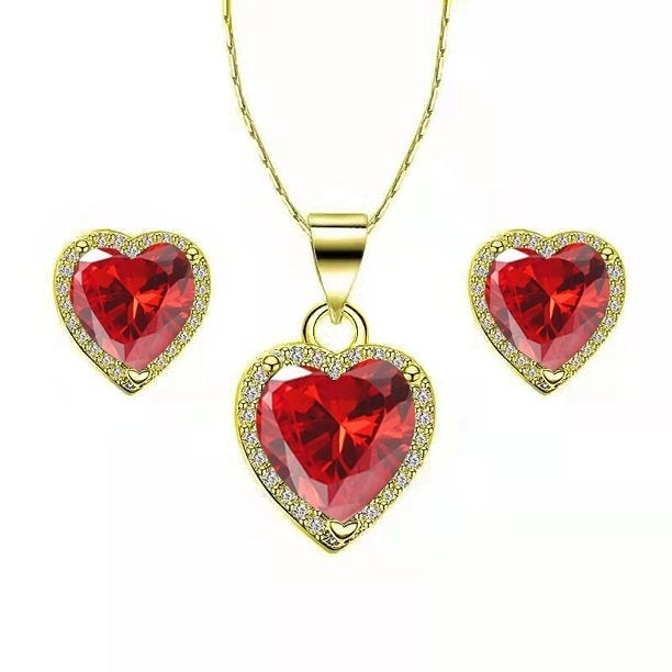 Paris Jewelry 24k Yellow Gold Heart 4Ct Created Ruby CZ Full Set Necklace 18 inch Plated Image 1