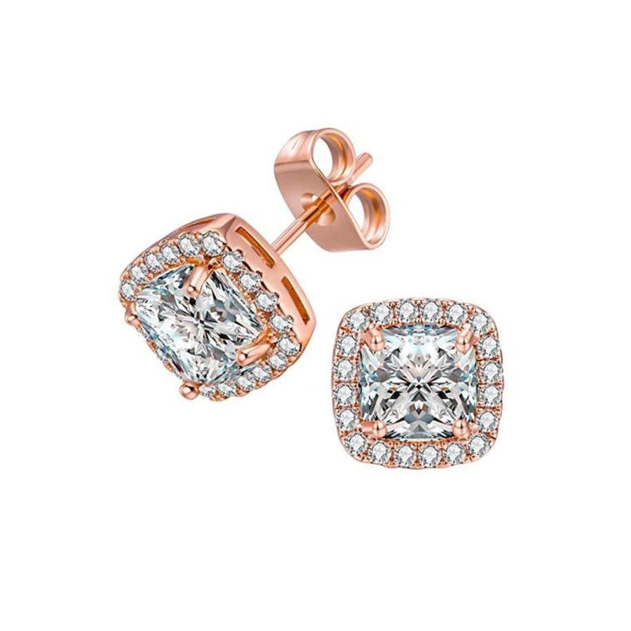 Paris Jewelry 10k Rose Gold Plated 4 Carat White Princess Cut Created Halo Sapphire CZ Stud Earrings Image 1