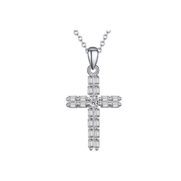 Paris Jewelry 18K White Gold Cross Created White Sapphire CZ Round Cut 1CT CZ Necklace 18 inch Plated Image 1