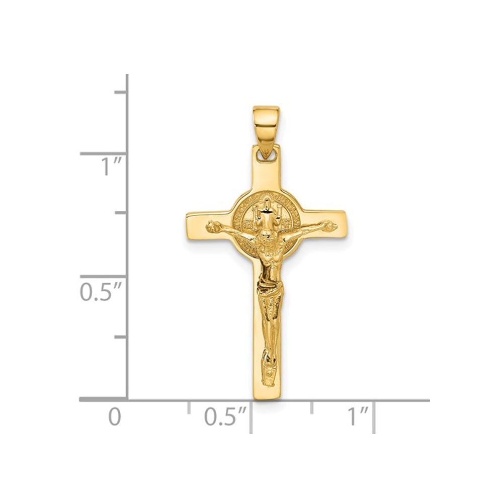 14K Yellow Gold Cross Crucifix and St Benedict Pendant Necklace with Chain Image 2