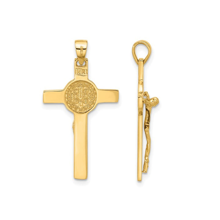14K Yellow Gold Cross Crucifix and St Benedict Pendant Necklace with Chain Image 3