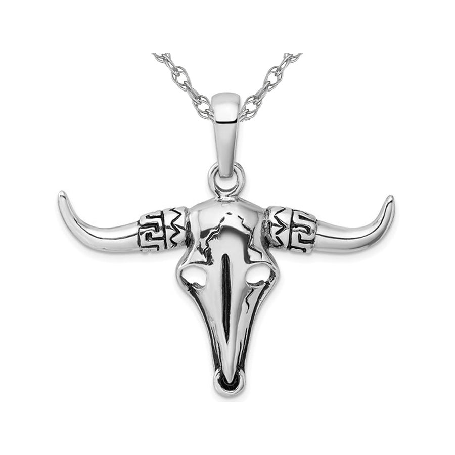 Sterling Silver Antiqued Bull Skull Pendant Necklace with Chain Image 1
