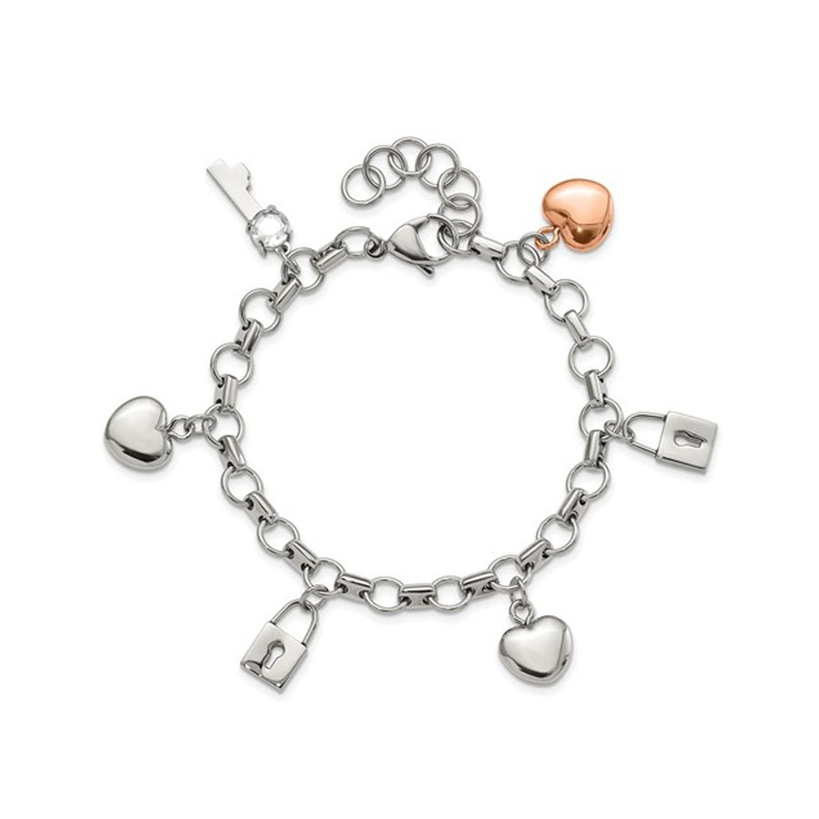 Stainless Steel Heart, Lock and Key Charm Bracelet (8.5 Inches) Image 1