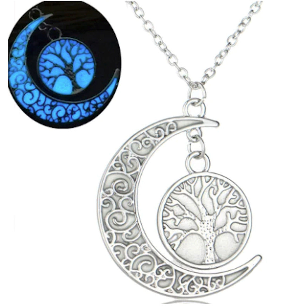 GLOW IN THE DARK MOON and TREE NECKLACE ON 18" SILVER NECKLACE CHAIN jewelry JL753 Image 1