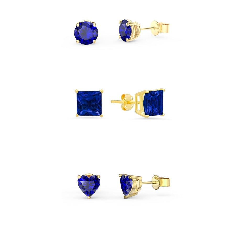 Paris Jewelry 18k Yellow Gold 1/4Cttw 6mm Created Blue Sapphire CZ 3 Pair Round Square and Heart Stud Earrings Plated Image 1