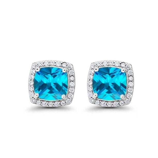 Paris Jewelry 14k White Gold 4 Ct Created Halo Princess CZ Cut Blue Topaz Stud Earrings Plated Image 1