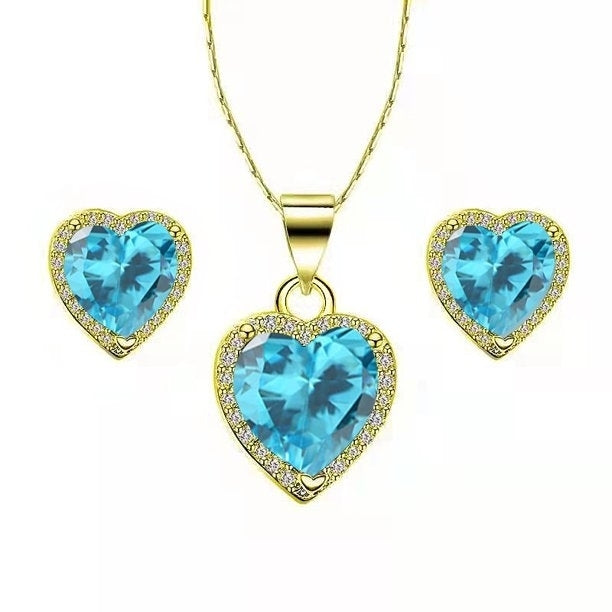 Paris Jewelry 10k Yellow Gold Heart 3 Ct Created Blue Topaz CZ Full Set Necklace 18 inch Plated Image 1