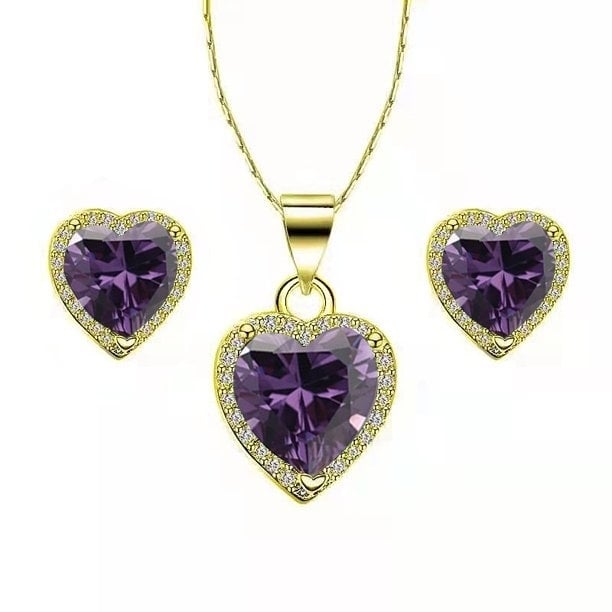 Paris Jewelry 10k Yellow Gold Heart 4 Ct Created Amethyst CZ Full Set Necklace 18 inch Plated Image 1