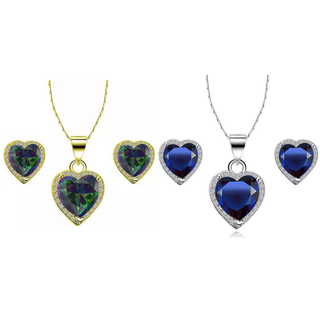Paris Jewelry 10k Yellow and White Gold 2Ct Created Alexandrite CZ and Blue Sapphire Full Necklace Set 18 inch Plated Image 1