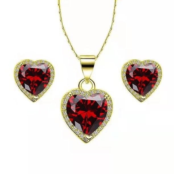 Paris Jewelry 24k Yellow Gold Heart 1/2Ct Created Garnet CZ Full Set Necklace 18 inch Plated Image 1
