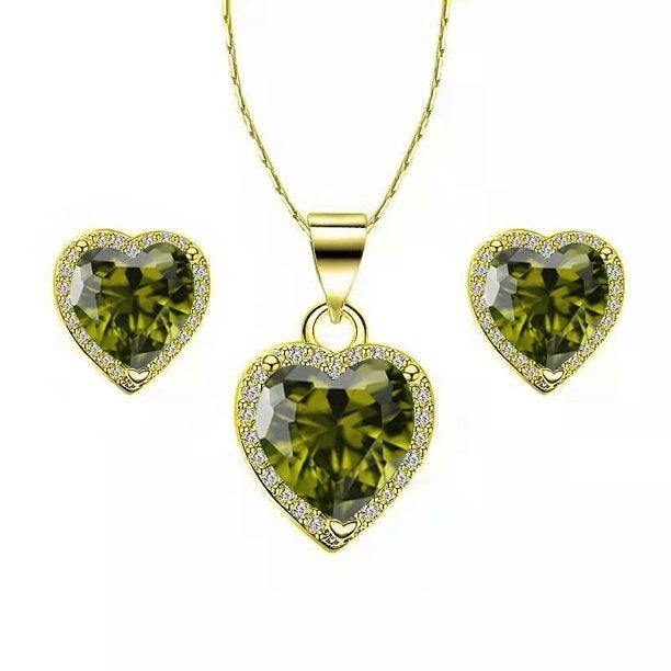 Paris Jewelry 10k Yellow Gold Heart 1/2Ct Created Peridot CZ Full Set Necklace 18 inch Plated Image 1
