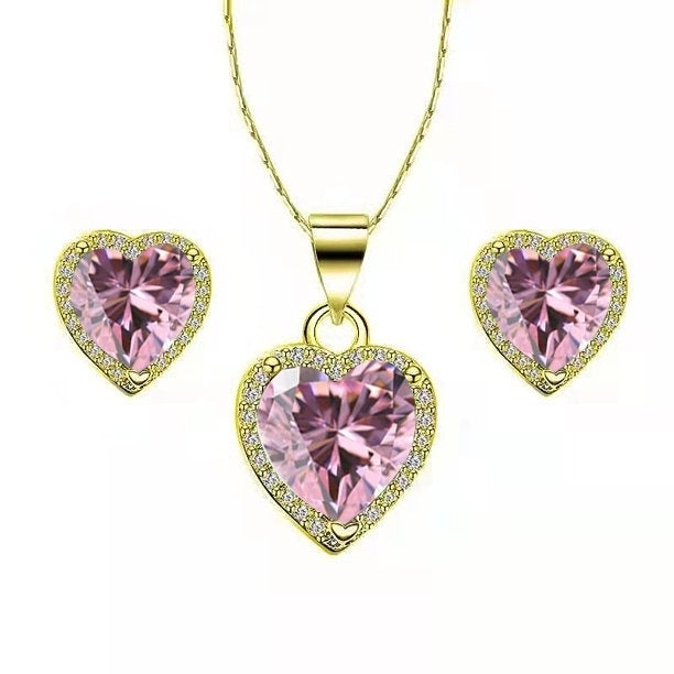 Paris Jewelry 14k Yellow Gold Heart 3Ct Created Pink Sapphire CZ Full Set Necklace 18 inch Plated Image 1