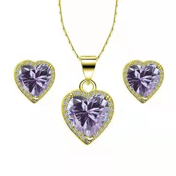 Paris Jewelry 10k Yellow Gold Heart 2 Ct Created Tanzanite CZ Full Set Necklace 18 inch Plated Image 1