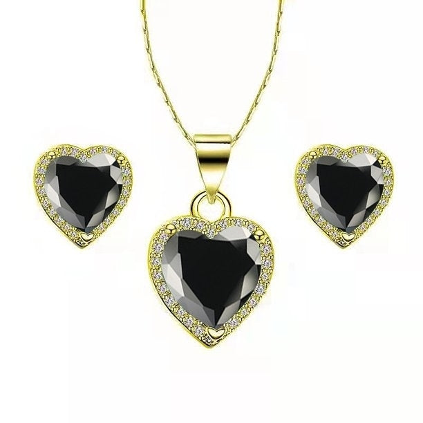 Paris Jewelry 24k Yellow Gold Heart 3 Ct Created Black Sapphire CZ Full Set Necklace 18 inch Plated Image 1
