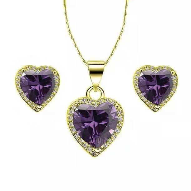 Paris Jewelry 24k Yellow Gold Heart 1/2 Ct Created Amethyst CZ Full Set Necklace 18 inch Plated Image 1