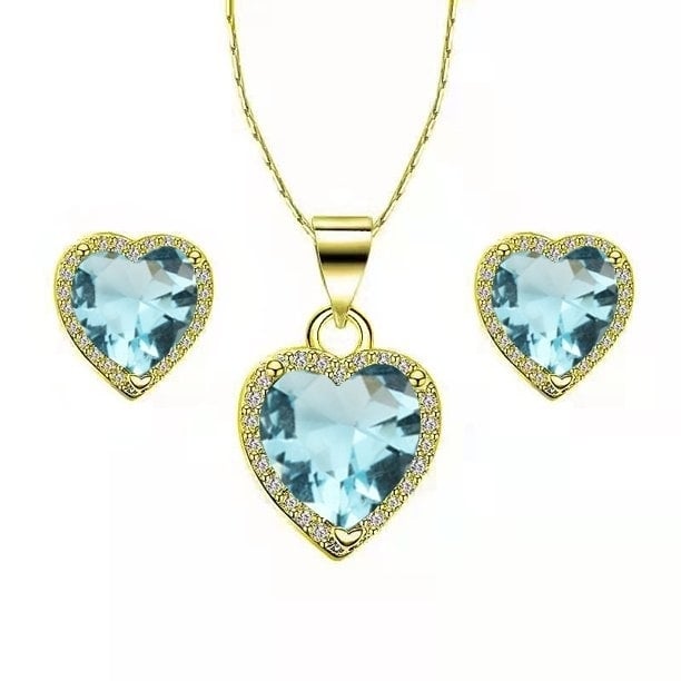 Paris Jewelry 18k Yellow Gold Heart 1/2 Ct Created Aquamarine CZ Full Set Necklace 18 inch Plated Image 1
