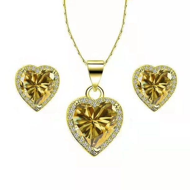 Paris Jewelry 10k Yellow Gold Heart 1/2 Ct Created Citrine CZ Full Set Necklace 18 inch Plated Image 1