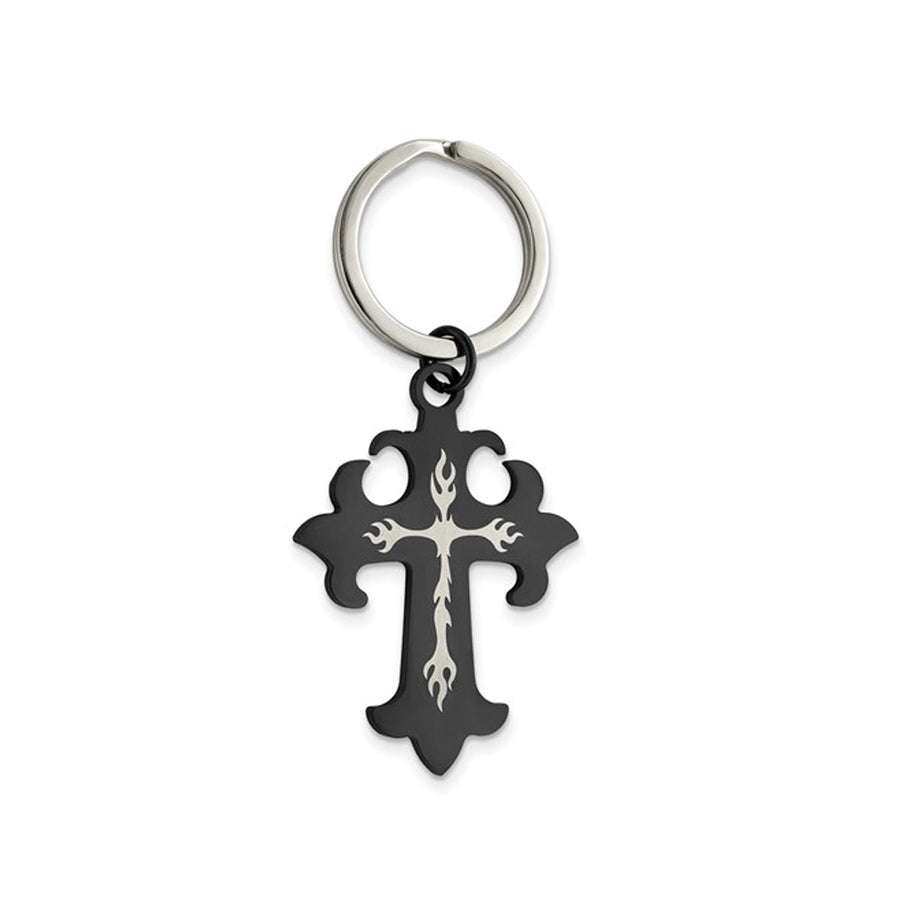Stainless Steel Polished Black Plated Cross Key Ring Image 1
