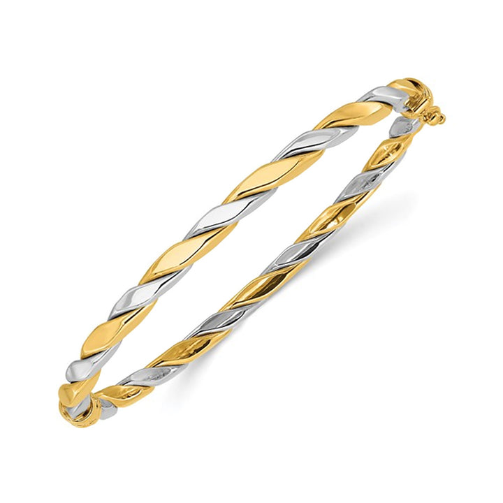 14K Yellow and White Gold Polished Twisted Hinged Bracelet Bangle Image 1