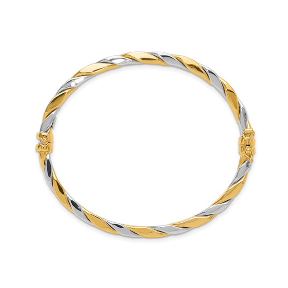 14K Yellow and White Gold Polished Twisted Hinged Bracelet Bangle Image 4