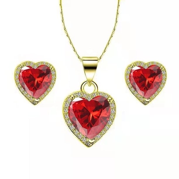 Paris Jewelry 14k Yellow Gold Heart 4Ct Created Ruby CZ Full Set Necklace 18 inch Plated Image 1