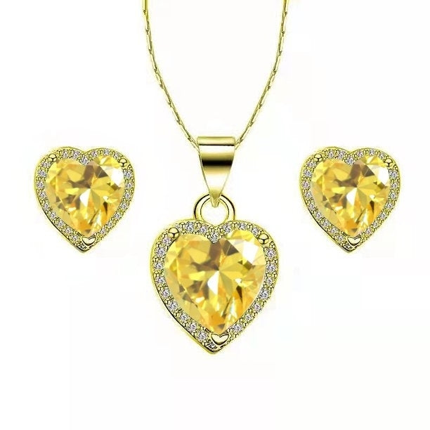 Paris Jewelry 10k Yellow Gold Heart 1/2 Ct Created Yellow Sapphire CZ Full Set Necklace 18 inch Plated Image 1