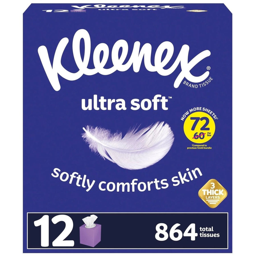 Kleenex Ultra Soft 3-Ply Facial Tissues Cube Boxes (72 Tissues/Box 12 Boxes) Image 1