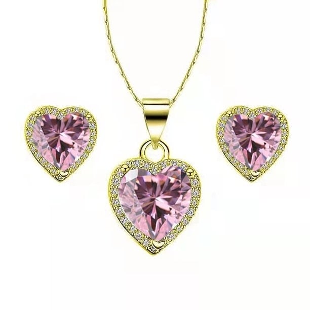Paris Jewelry 10k Yellow Gold Heart 1Ct Created Pink Sapphire CZ Full Set Necklace 18 inch Plated Image 1