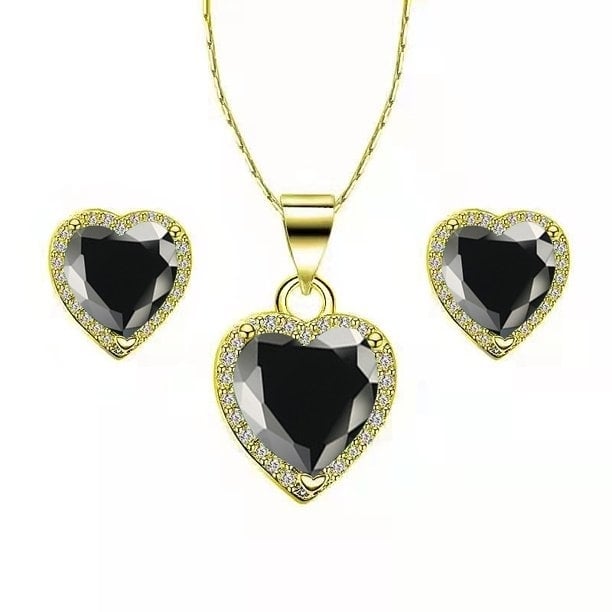 Paris Jewelry 10k Yellow Gold Heart 2 Ct Created Black Sapphire CZ Full Set Necklace 18 inch Plated Image 1