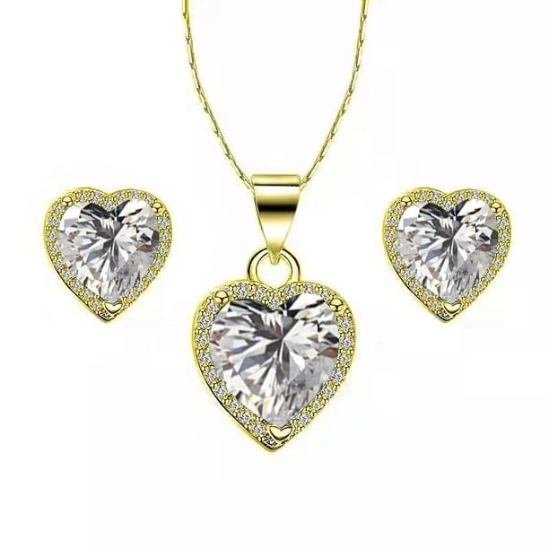 Paris Jewelry 10k Yellow Gold Heart 2 Ct Created White Sapphire CZ Full Set Necklace 18 inch Plated Image 1