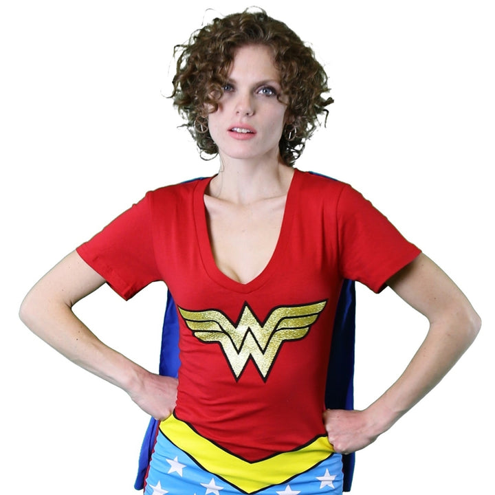 Wonder Woman Womens V-Neck Caped Costume T-Shirt Image 4