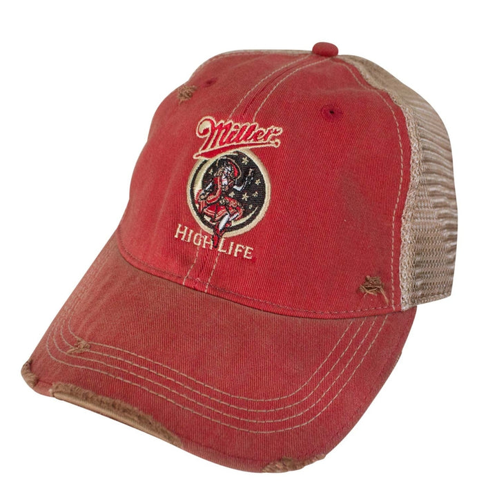 Miller High Life Girl In The Moon Retro Brand Orange Mens Trucker Hat Image 1