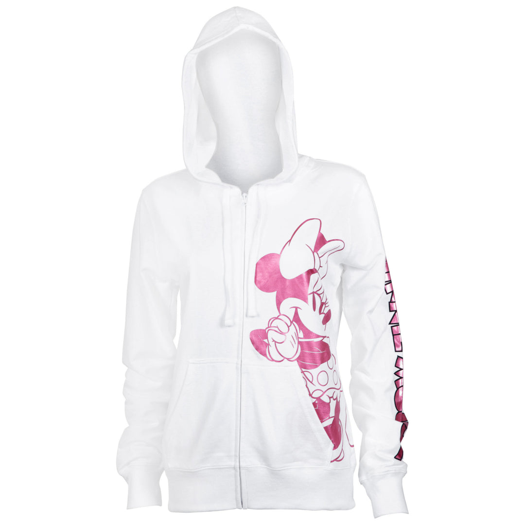 Minnie Mouse Ladies Pink Foil Logo White Hoodie Image 1