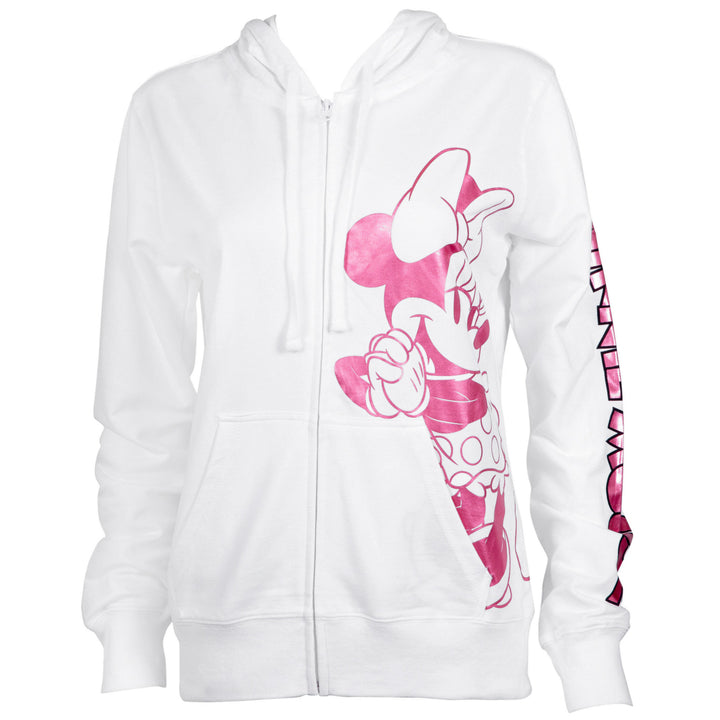 Minnie Mouse Ladies Pink Foil Logo White Hoodie Image 2