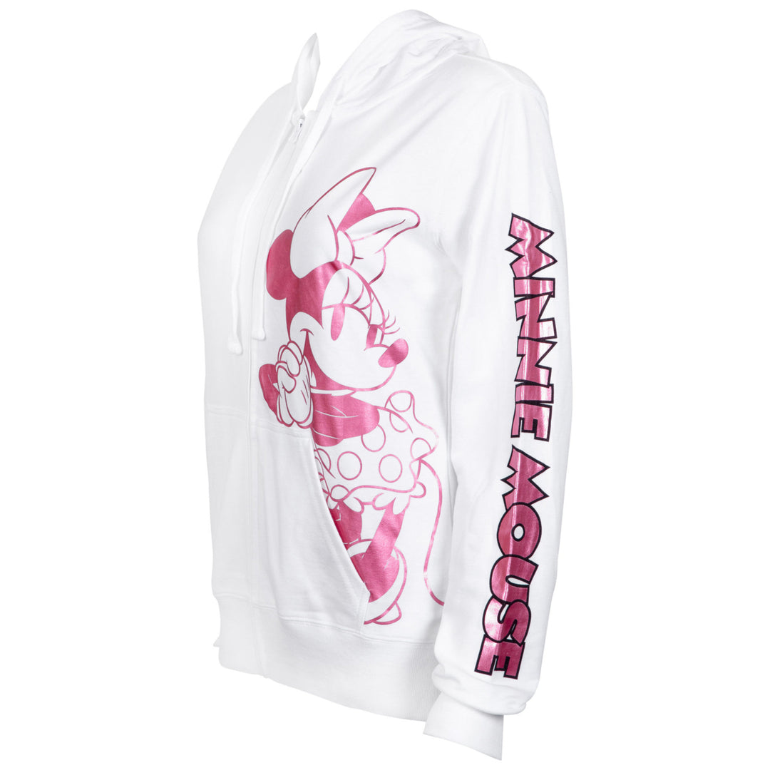 Minnie Mouse Ladies Pink Foil Logo White Hoodie Image 3