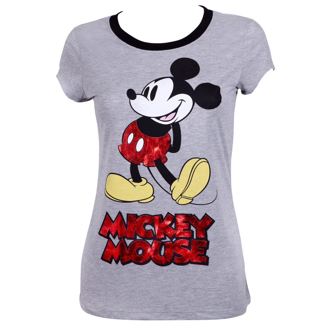 Mickey Mouse Ladies Red Foil Logo Grey Tee Shirt Image 1