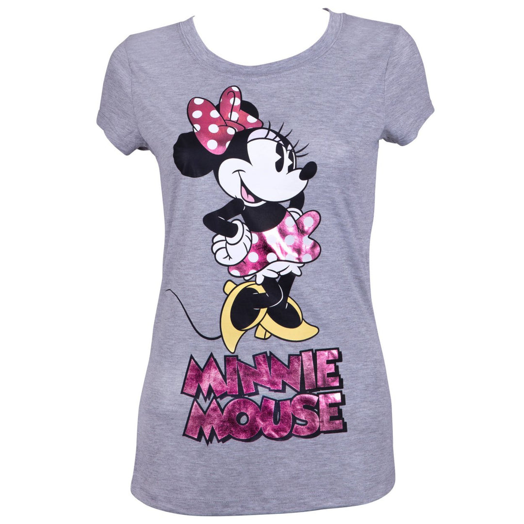 Minnie Mouse Ladies Pink Foil Logo Grey Tee Shirt Image 1