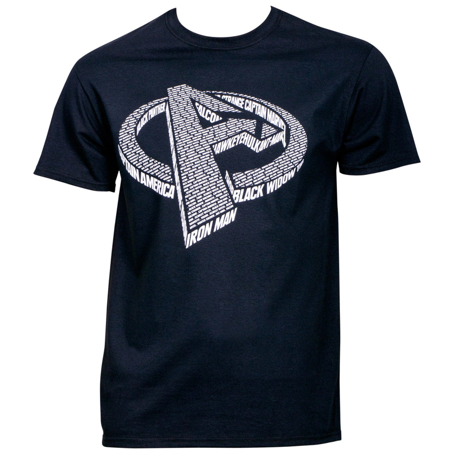 Marvel Avengers Logo Made up of Heroes Names T-Shirt Image 1