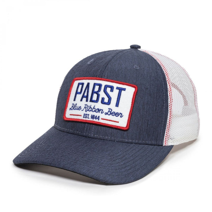 Pabst Blue Ribbon Beer Est. 1844 Logo Patch Trucker Mesh Snapback Hat Image 1