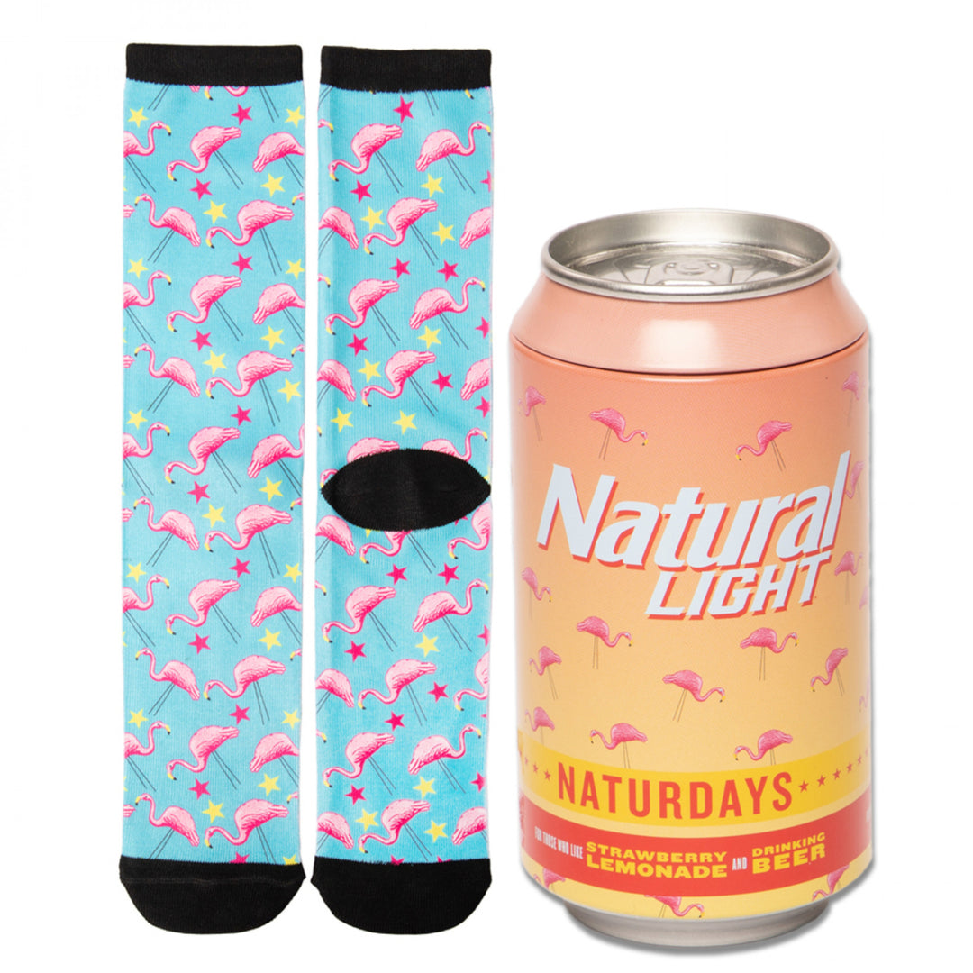 Natural Light Naturdays Flamingos Crew Socks In Beer Can Gift Packaging Image 1