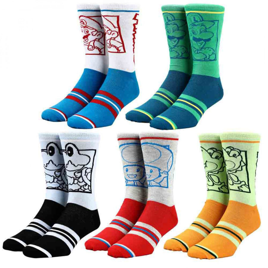 Nintendo Super Mario Bros. Character Colorblock 5-Pair Pack of Crew Socks Image 1