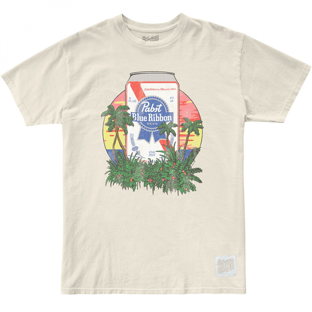 Pabst Blue Ribbon Can with Tropical Sunset Vintage Style T-Shirt Image 1