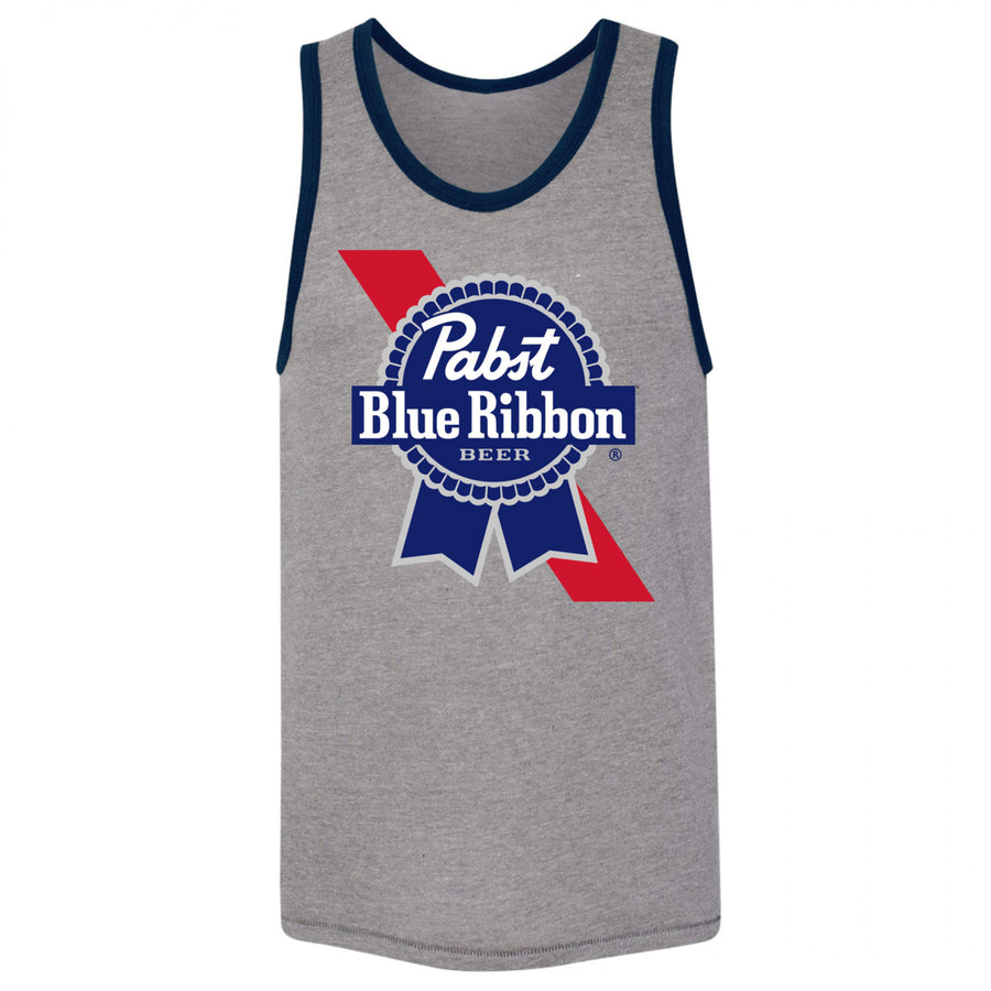Pabst Blue Ribbon Label and Logo with Blue Trim Grey Tank Top Image 1