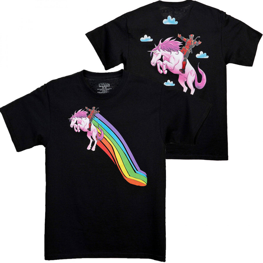 Deadpool Flying High on a Unicorn Front and Back T-Shirt Image 1