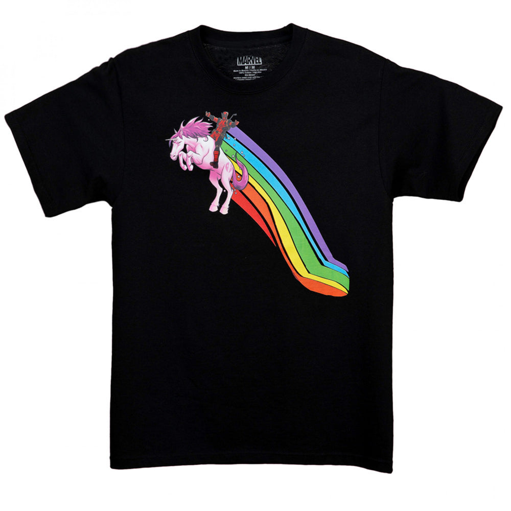 Deadpool Flying High on a Unicorn Front and Back T-Shirt Image 2