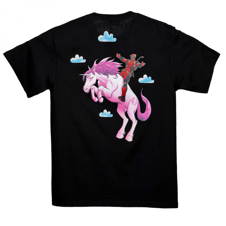 Deadpool Flying High on a Unicorn Front and Back T-Shirt Image 3