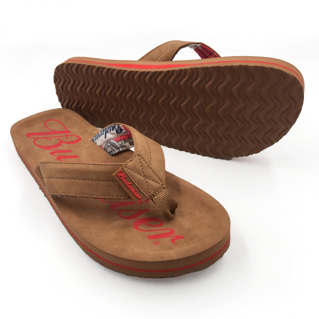 Budweiser Script Logo Mens Flip Flop Brown Sandals Image 1