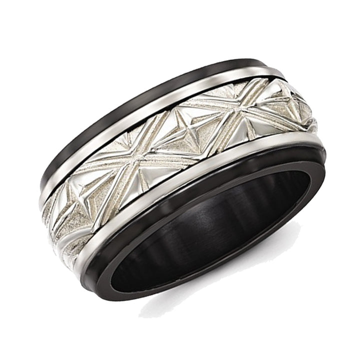 Mens Black Titanium and Sterling Silver Wedding Band Ring Image 1