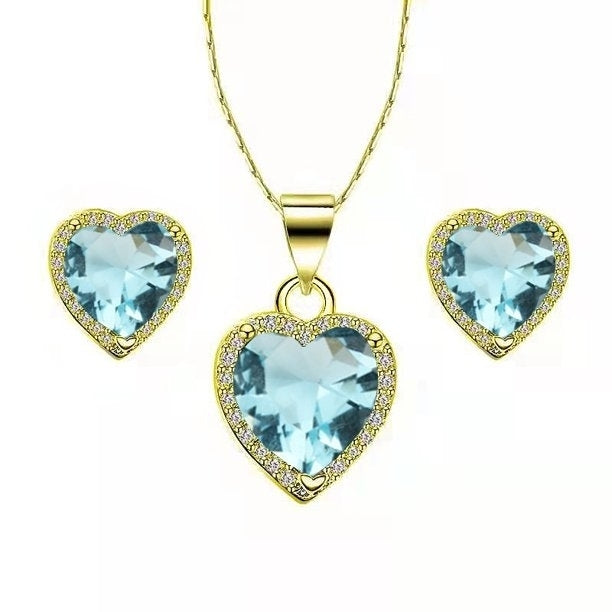 Paris Jewelry 24k Yellow Gold Heart 3 Ct Created Aquamarine CZ Full Set Necklace 18 inch Plated Image 1