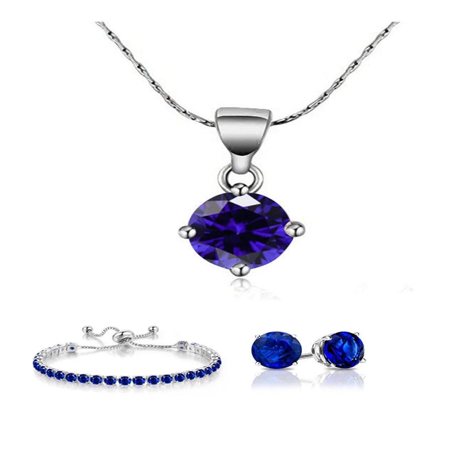 Paris Jewelry 18k White Gold 6 Ct Round Created Blue Sapphire Set of Necklace,Earrings & Bracelet Plated Image 1